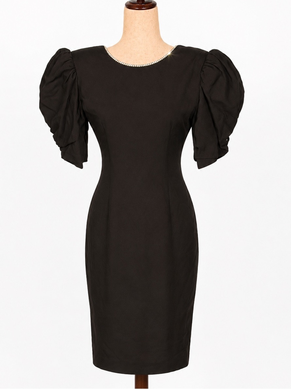 Vintage 80s Black Puff-Sleeve Dress with rhinestone Neck & low back, bow- S